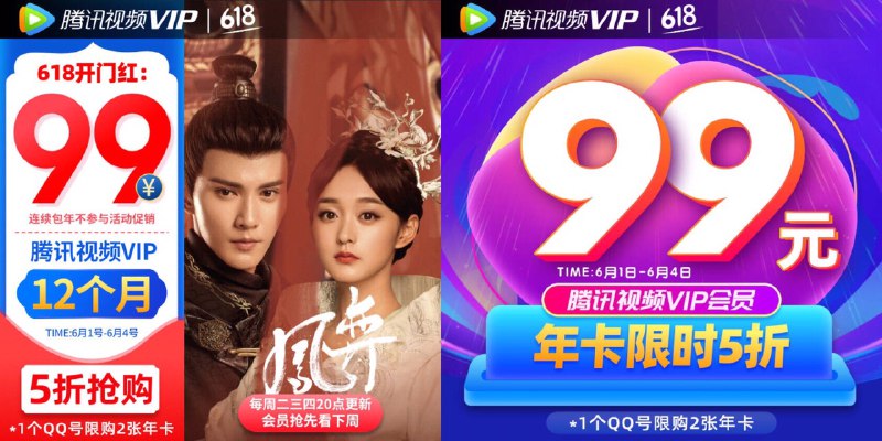 腾讯视频VIP会员12个月 99元，京豆可抵扣20元，付款79元得一年腾讯会员，一个QQ号限购2张、5折购～