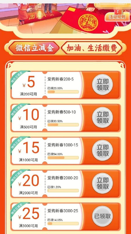 山东工行信用卡，25元毛工银e生活APP，爱购新春