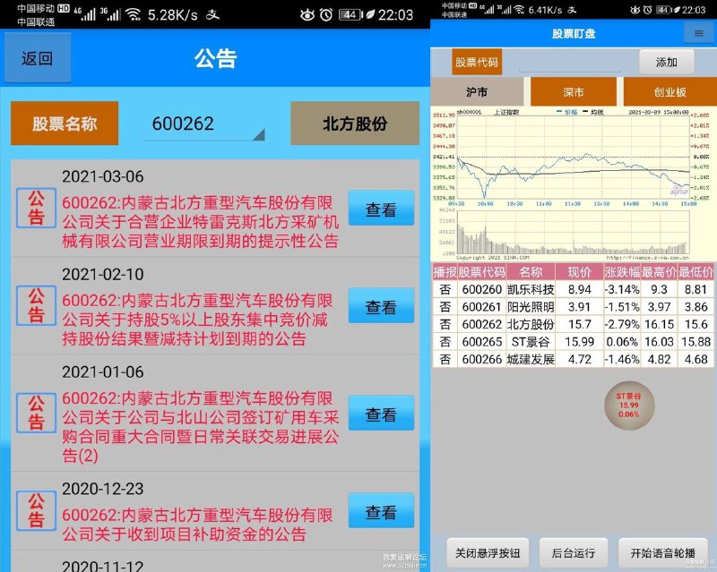 [Android] 【股票盯盘V2.27】悬浮按钮轮播股票信息，语音播报，语音预警本次软件更新到V2.27主要更新内容为：增加公告查看和新公告提醒功能优化语音播报的功能，语音播报期间不再卡app画面