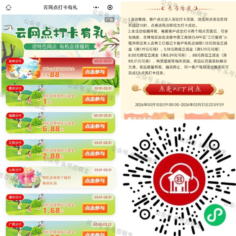 【工.行云网点浏览打卡领ljj】 3月更新了！很多地区有补！ 页面下拉✨新增了 广西 找自己的省份 简单浏览领立减J 🔗mp://Yu0FmHEtxbajbr ​